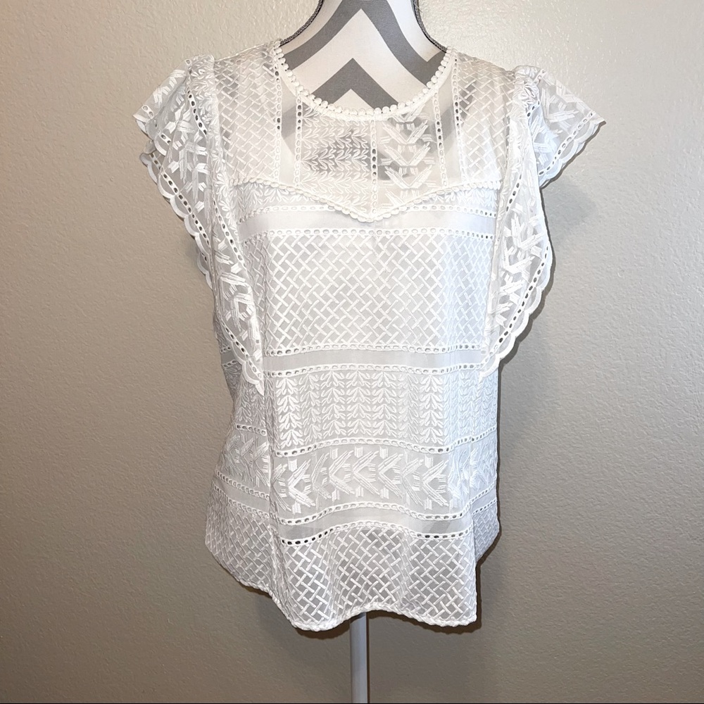 Collective Concepts White Lace Swiss Dot Flutter Short Sleeve Blouse Medium